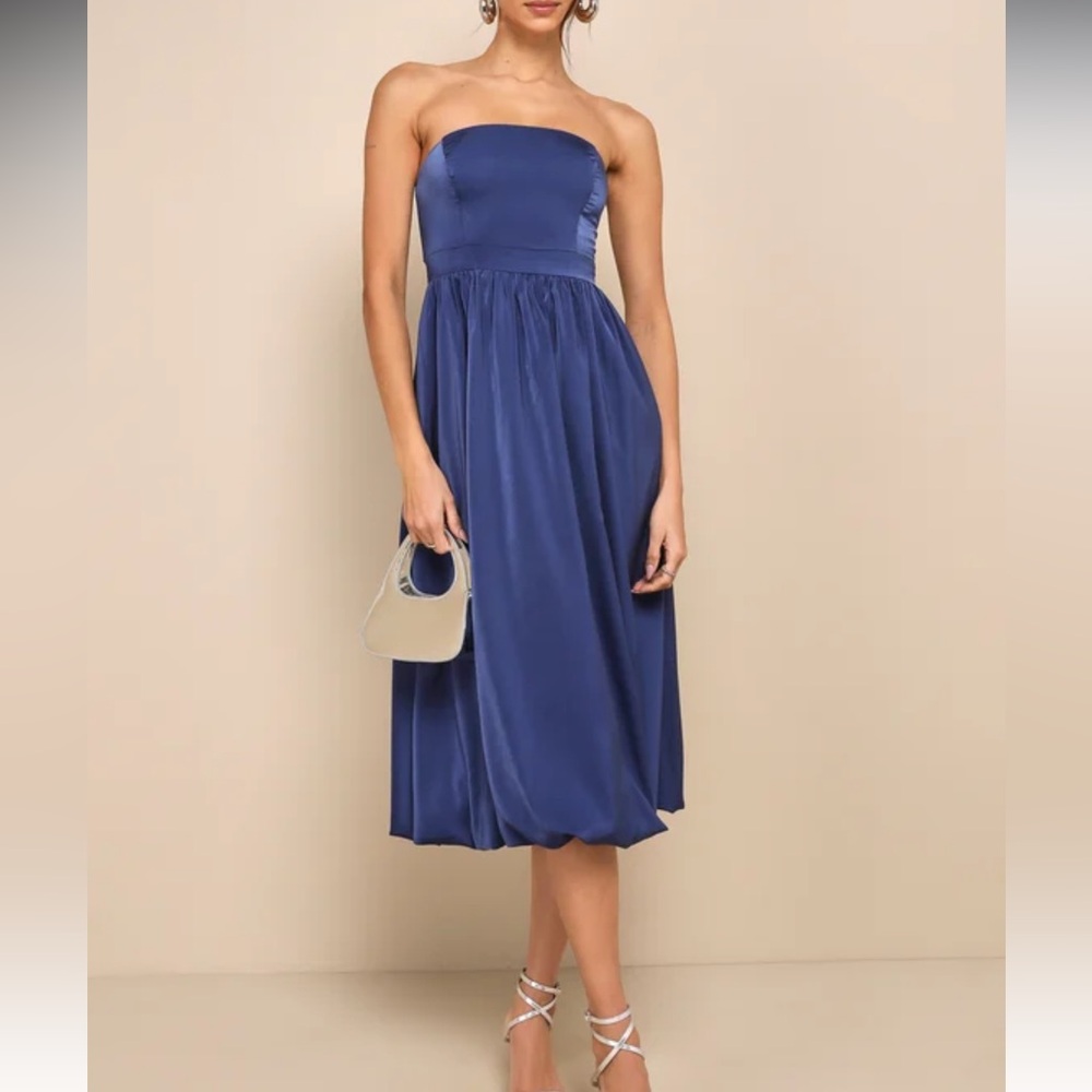 Lulus Lavish Elegance Navy Blue Satin Strapless Bubble-Hem Midi Dress Size Small